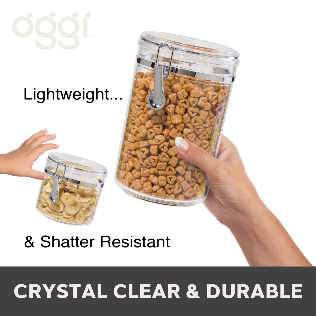 OGGI 4pc Clear Canister Set with Clamp Lids Airtight Containers in Sizes Ideal for Kitchen & Pantry Storage of Bulk, Dry Foods Including Flour, Sugar, Coffee, Rice, Tea, Spices & Herbs (Set of 4)